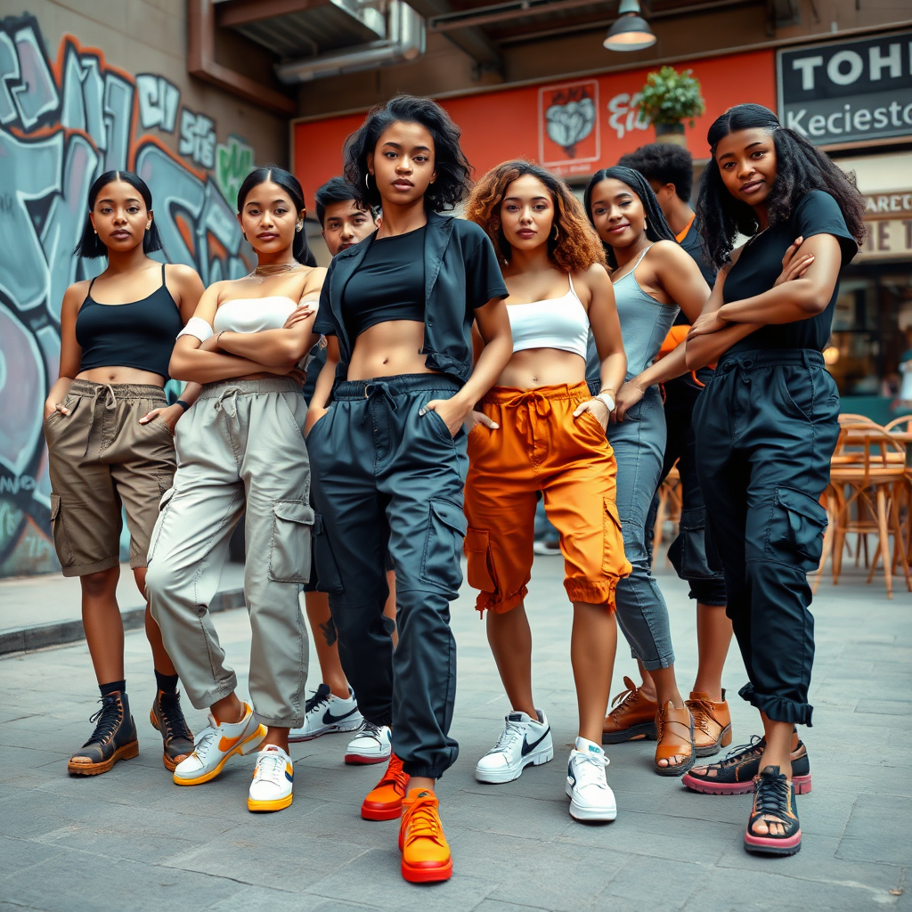 A group of diverse models posing in various colors of trendy cargo pants and shorts in a vibrant urban setting.