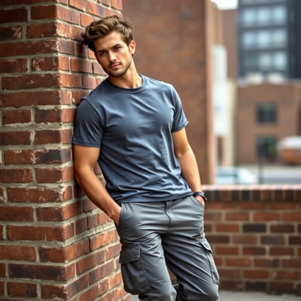 A male model casually leaning against a brick wall, wearing stylish cargo pants and a simple t-shirt.