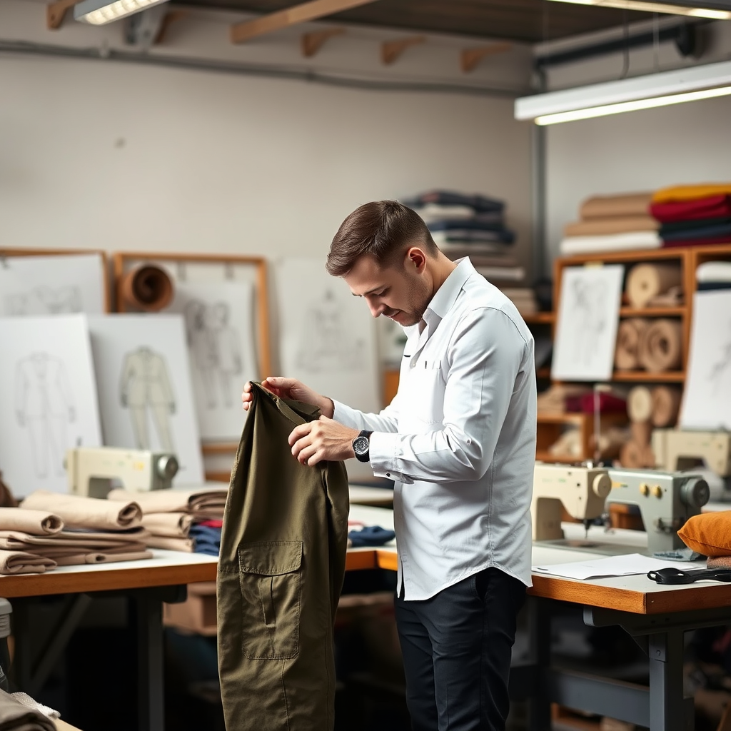 Man in a cutting room examining a pair of cargo's