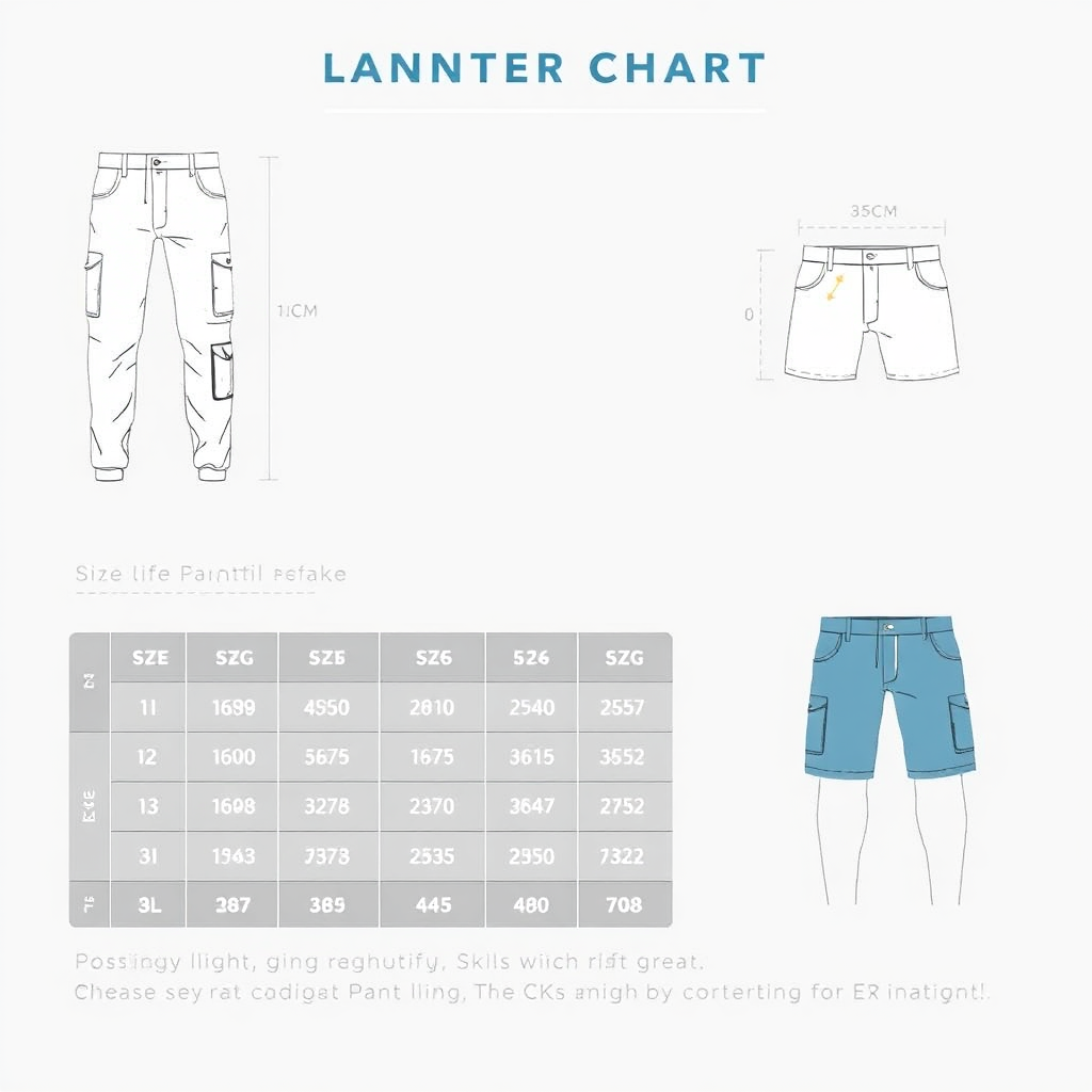 An illustrative sizing chart for cargo pants and shorts, clearly displaying measurements and instructions. The design is clean and easy to understand, with helpful diagrams and labels. The color palette is neutral and informative, with shades of gray, white, and blue.