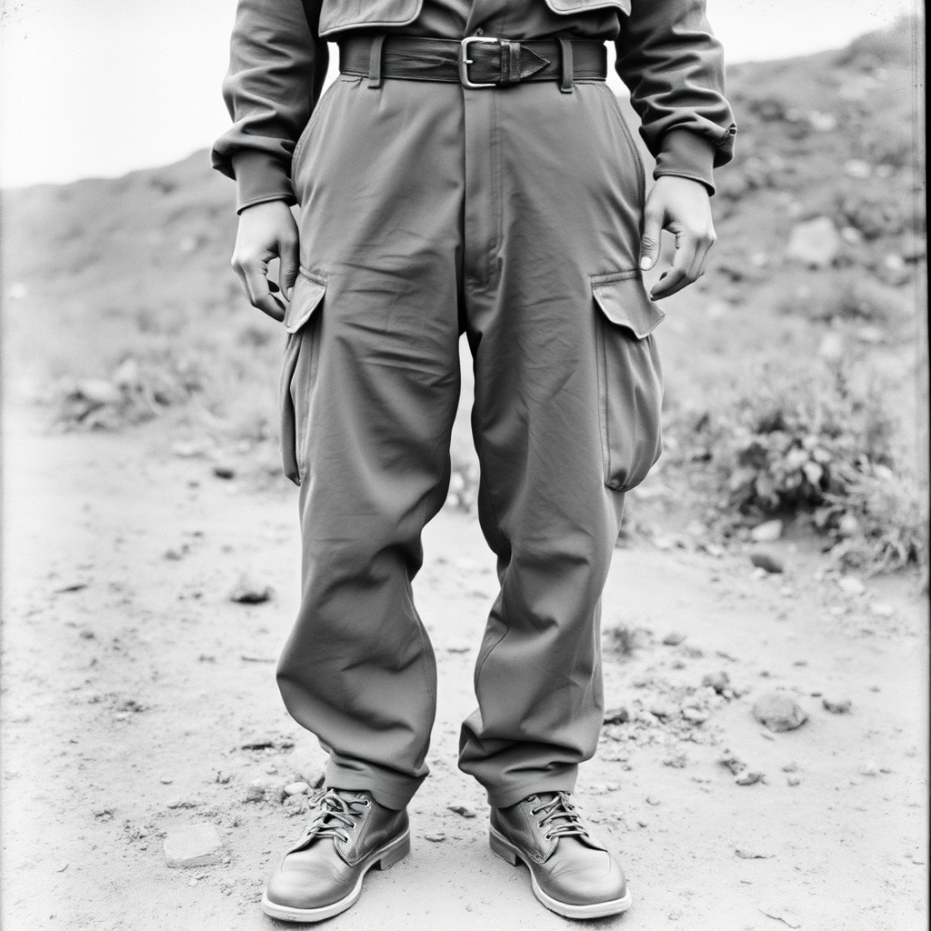 Photograph of an old soldier during the second world war wearing a pair of baggy cargo's