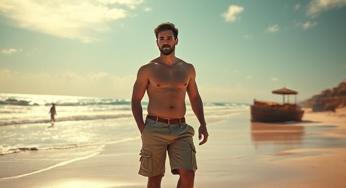 A man on the beach on a sunny day wearing cargo shorts