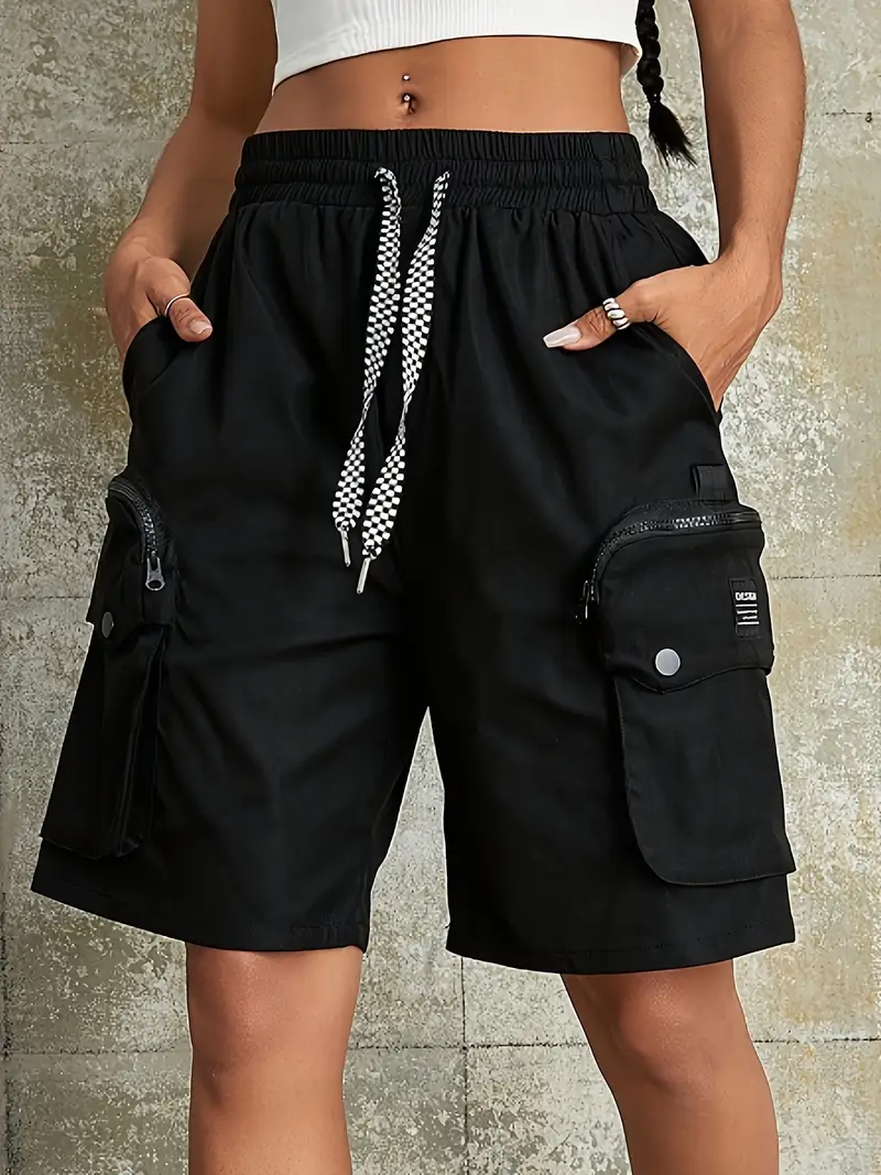 Ladies Wearing Black Summer Cargo Shorts.