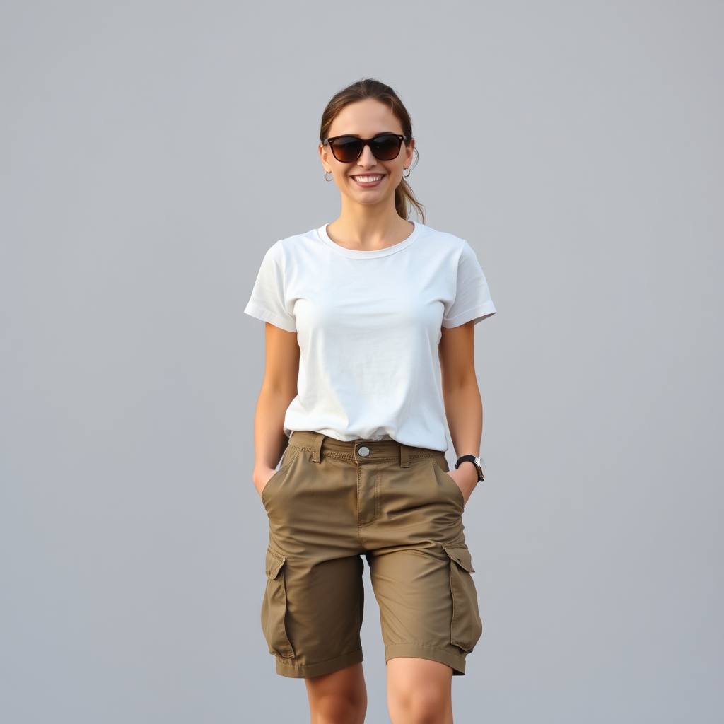 A customer smiling and looking satisfied while trying on a pair of cargo pants in a well-lit fitting room. The background is blurred to keep the focus on the customer. The color palette is warm and inviting, with soft, diffused lighting. The fitting room is clean and modern. The overall impression is one of comfort and confidence.