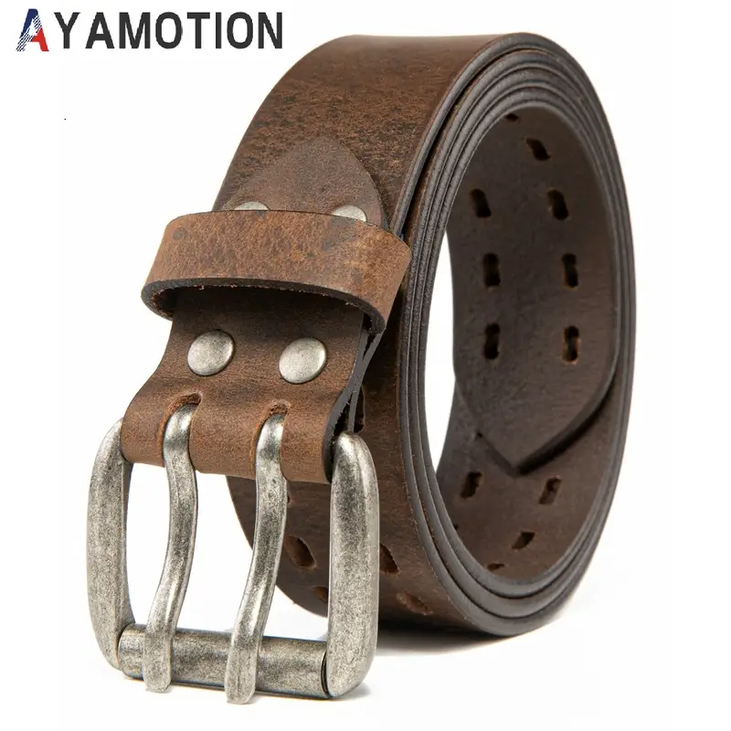 A man's brown leather belt with big buckle