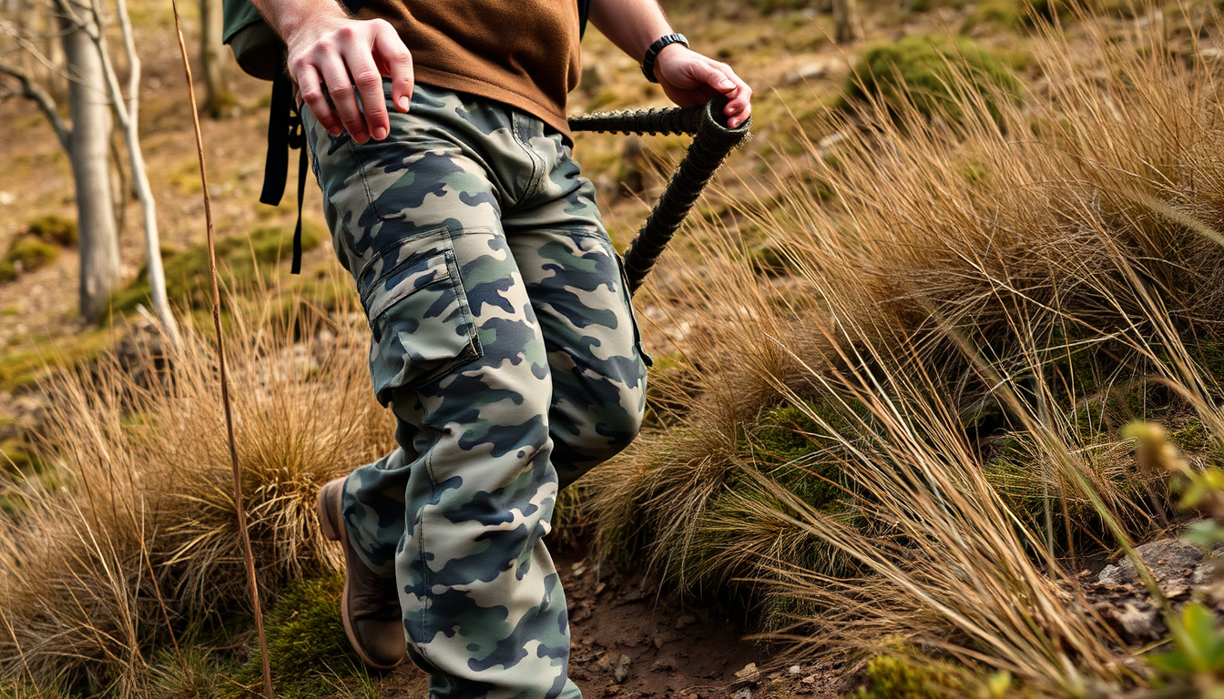 Man hiking in rough terrain with a walking aid and wearing a pair of comouflage cargo pants.
