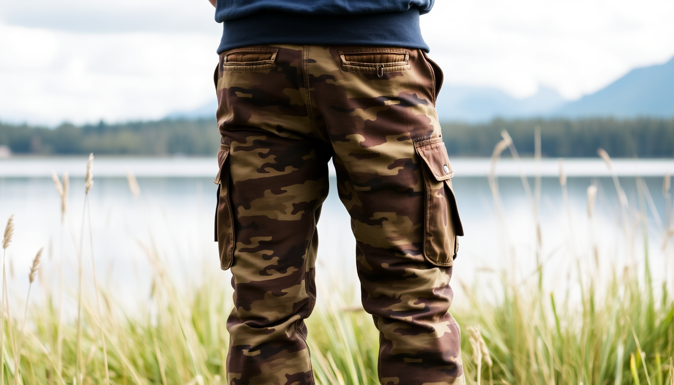 Man at a fishing lake wearing a pair of camo cargo's.