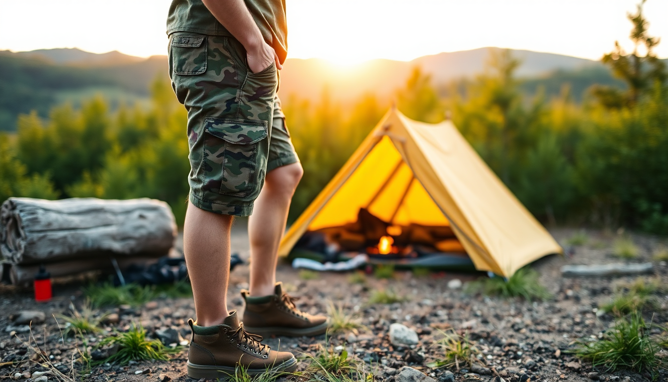 A man standing outside of his tent while wearing a pair of camouflage cargo shorts.
