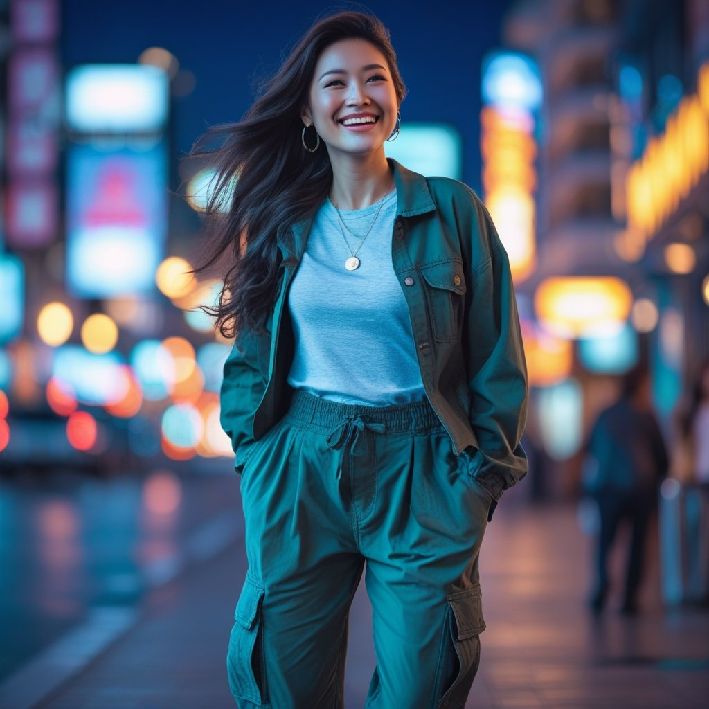A female model confidently enjoying a night on the town, wearing stylish cargo joggers.